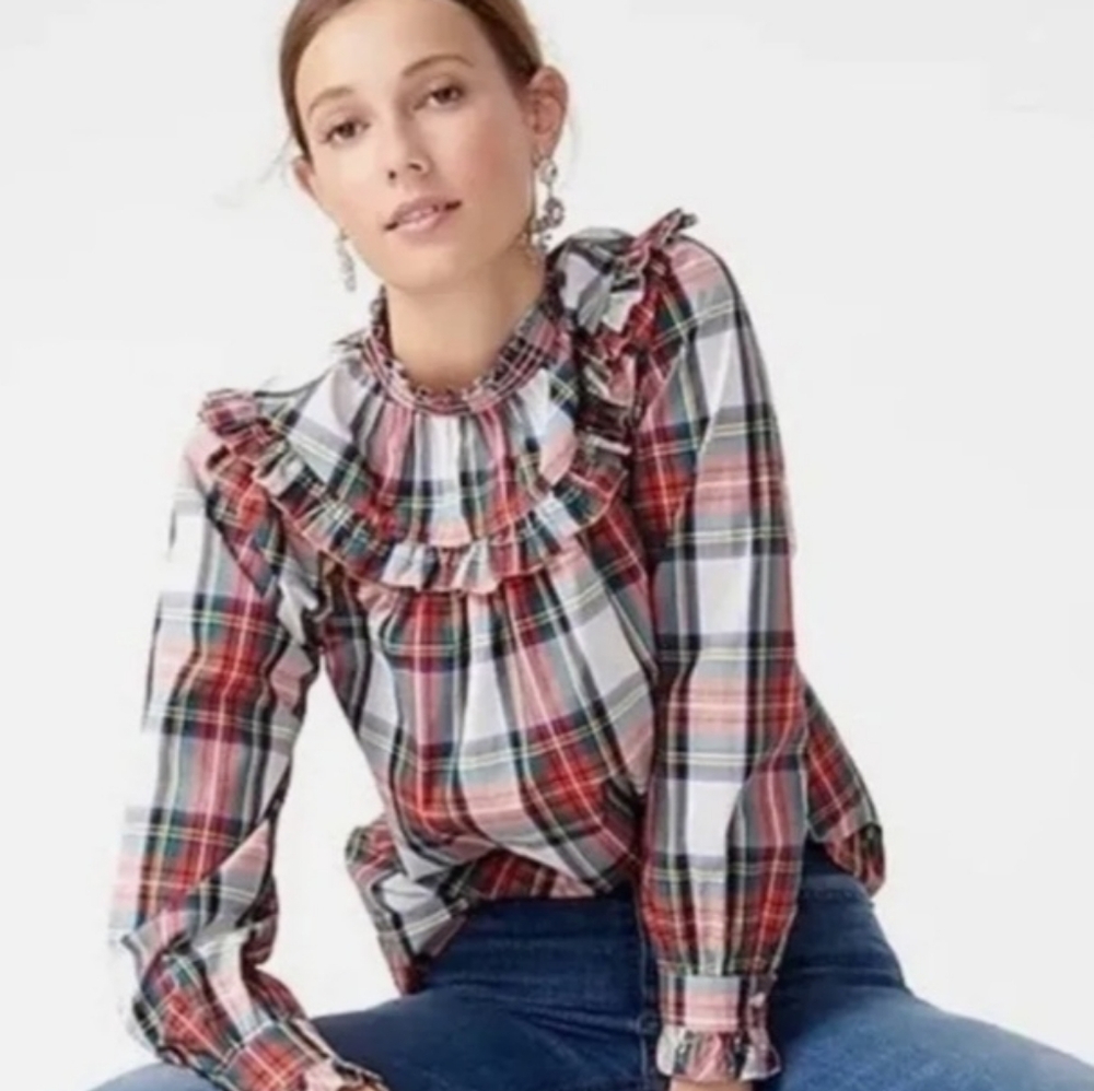 J. Crew Snowy Stewart Tartan Red Plaid Smocked Popover Blouse Size XS Holiday